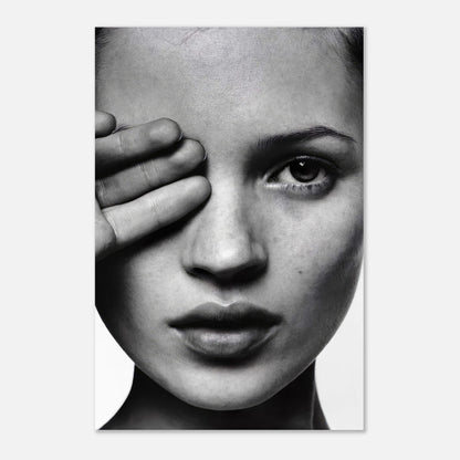 Kate Moss black and white photography metal print featuring an elegant portrait of her face with a hand covering one eye.