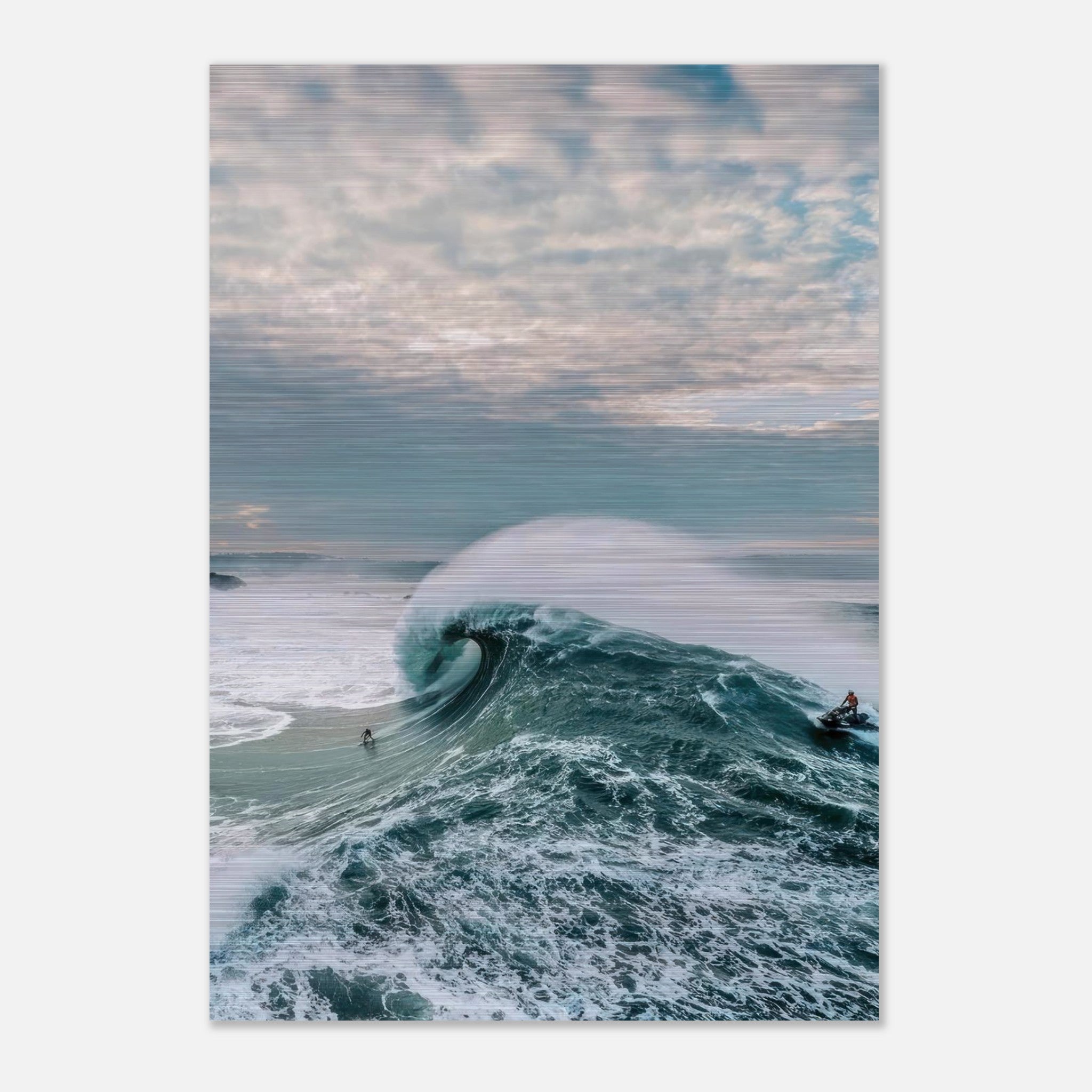 Big Wave Surfing Brushed Metal Print featuring a surfer navigating a massive wave, showcasing ocean power and beauty.