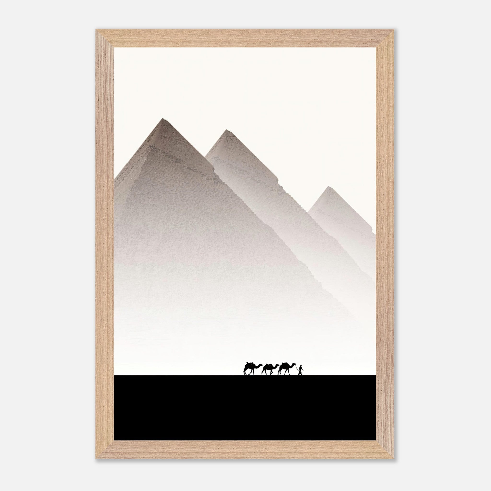 Framed Giclée fine art of the Pyramids of Giza with camels, showcasing minimalist design and tranquil tones.