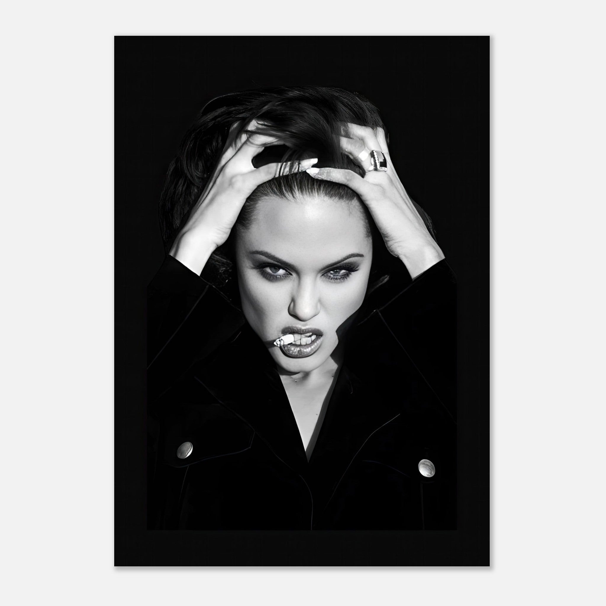 Angelina Jolie Smoking poster featuring bold black-and-white artwork with striking detail and edgy sophistication.