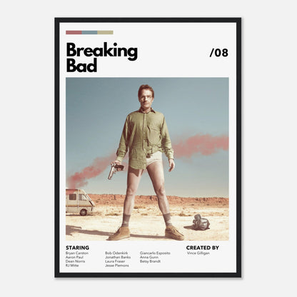 Retro Breaking Bad framed poster featuring Walter White standing confidently in the desert with a revolver.