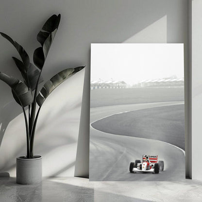 1988 Ayrton Senna McLaren MP4/4 metal print showcasing iconic Formula 1 racing on track.