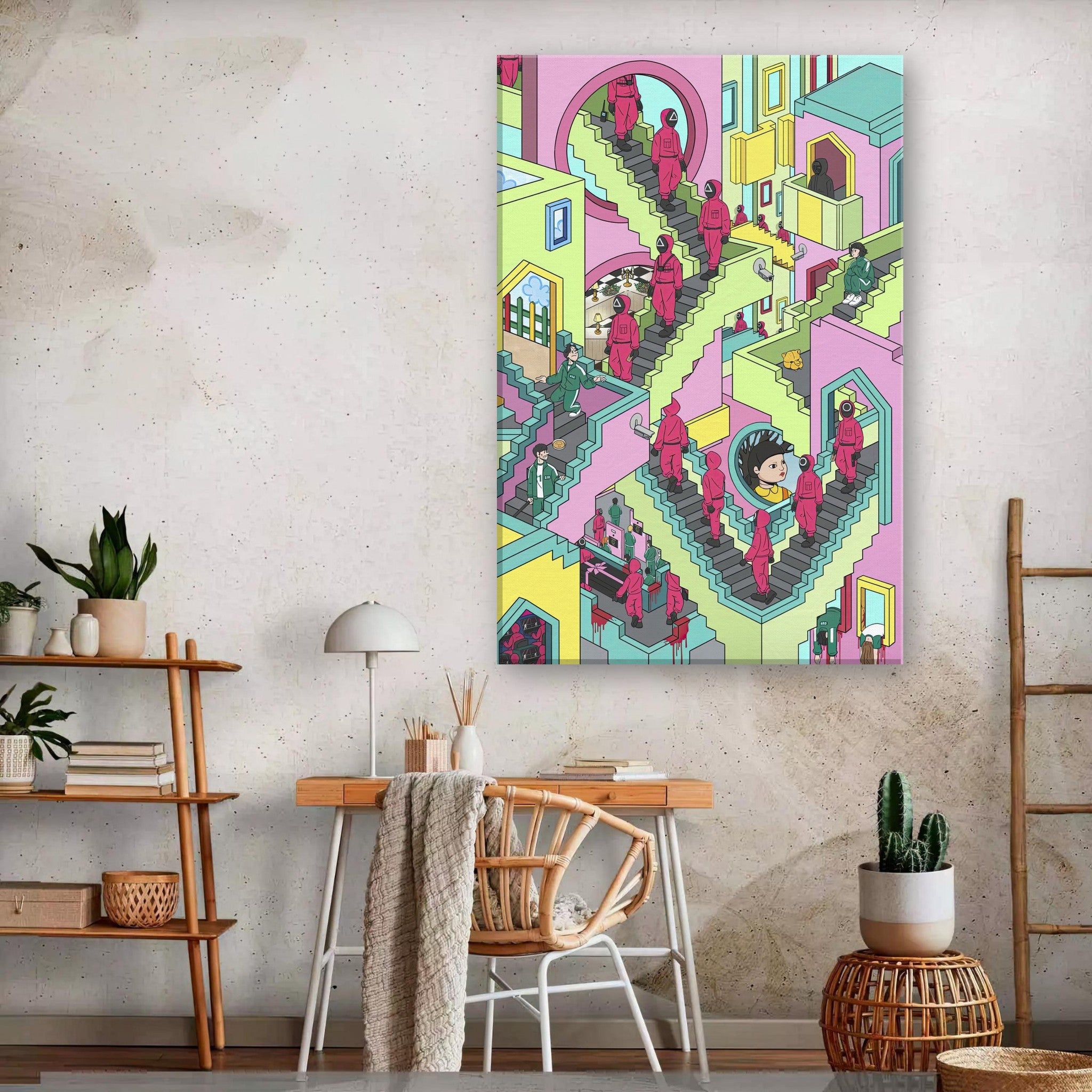 Squid Game Stairs canvas art featuring vibrant colors and intricate details, enhancing modern interior decor.