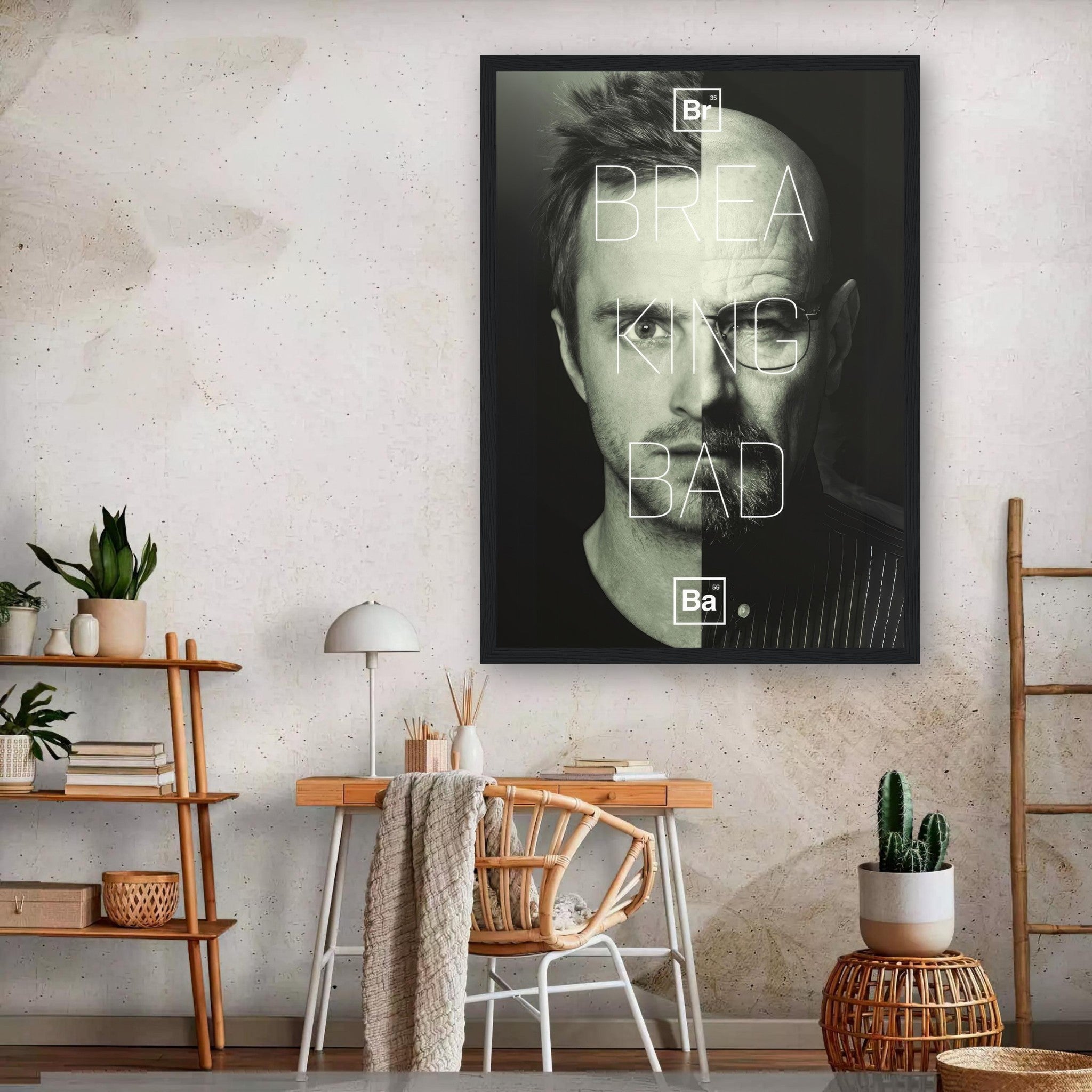 Jesse x Walter Breaking Bad framed print featuring bold split-face design, ideal for fans and wall decor enhancement.