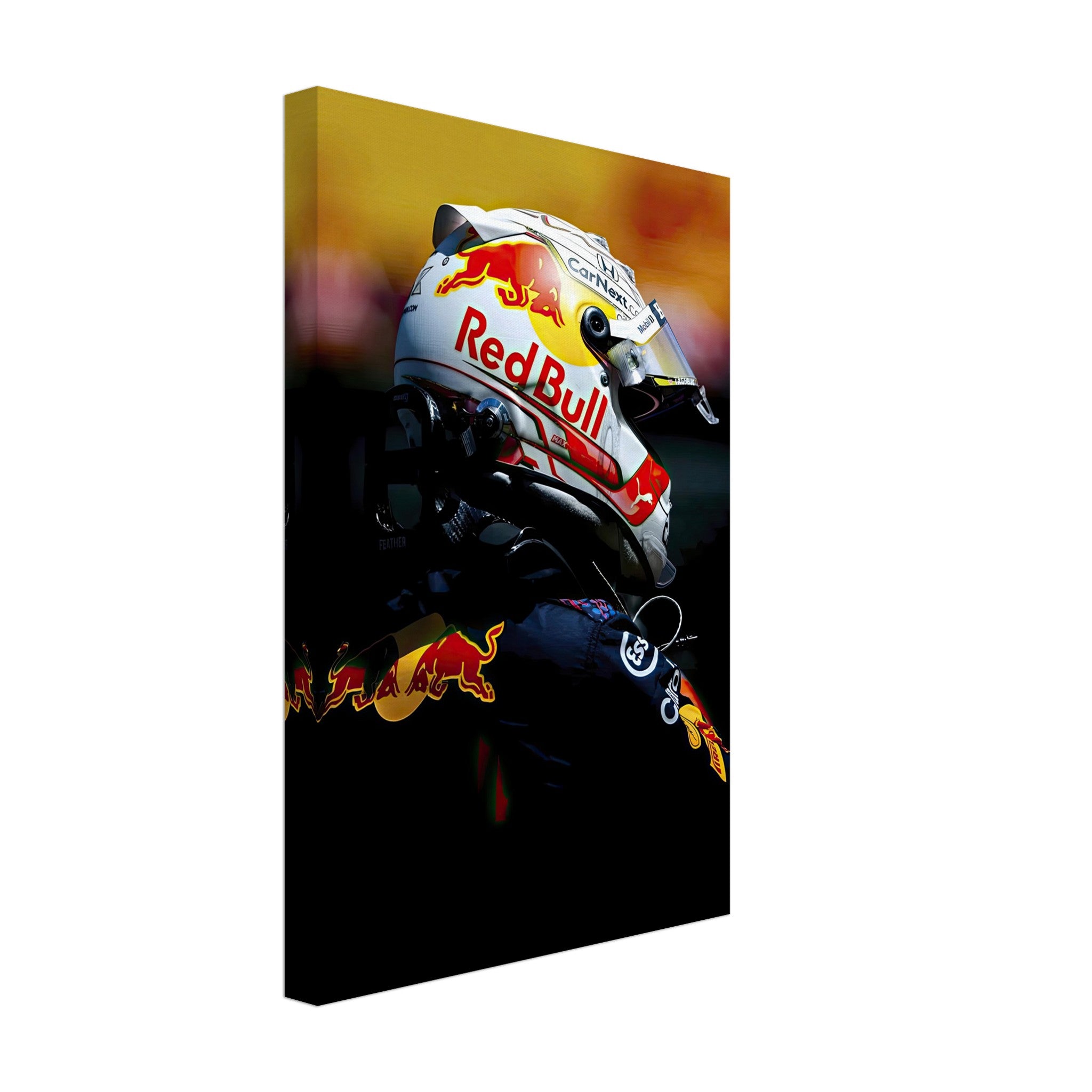 Max Verstappen in Red Bull Racing gear on vibrant canvas print for dynamic Formula 1 decor.