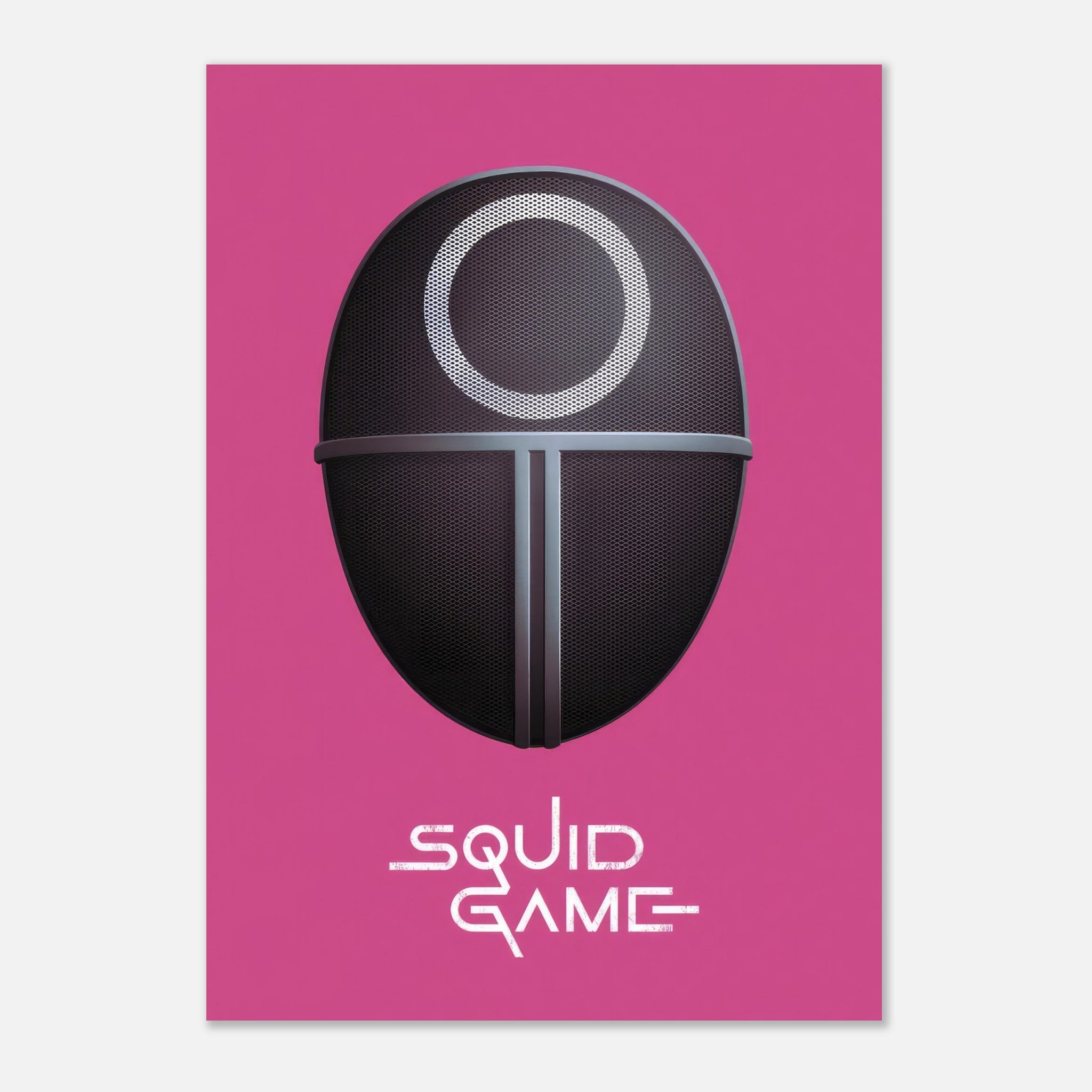 Squid Game Guard Mask poster featuring iconic black mask design on a vibrant pink background. Perfect wall art for fans.