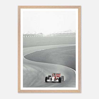 1988 Ayrton Senna McLaren MP4/4 framed giclée fine art print capturing iconic Formula 1 racing moment.