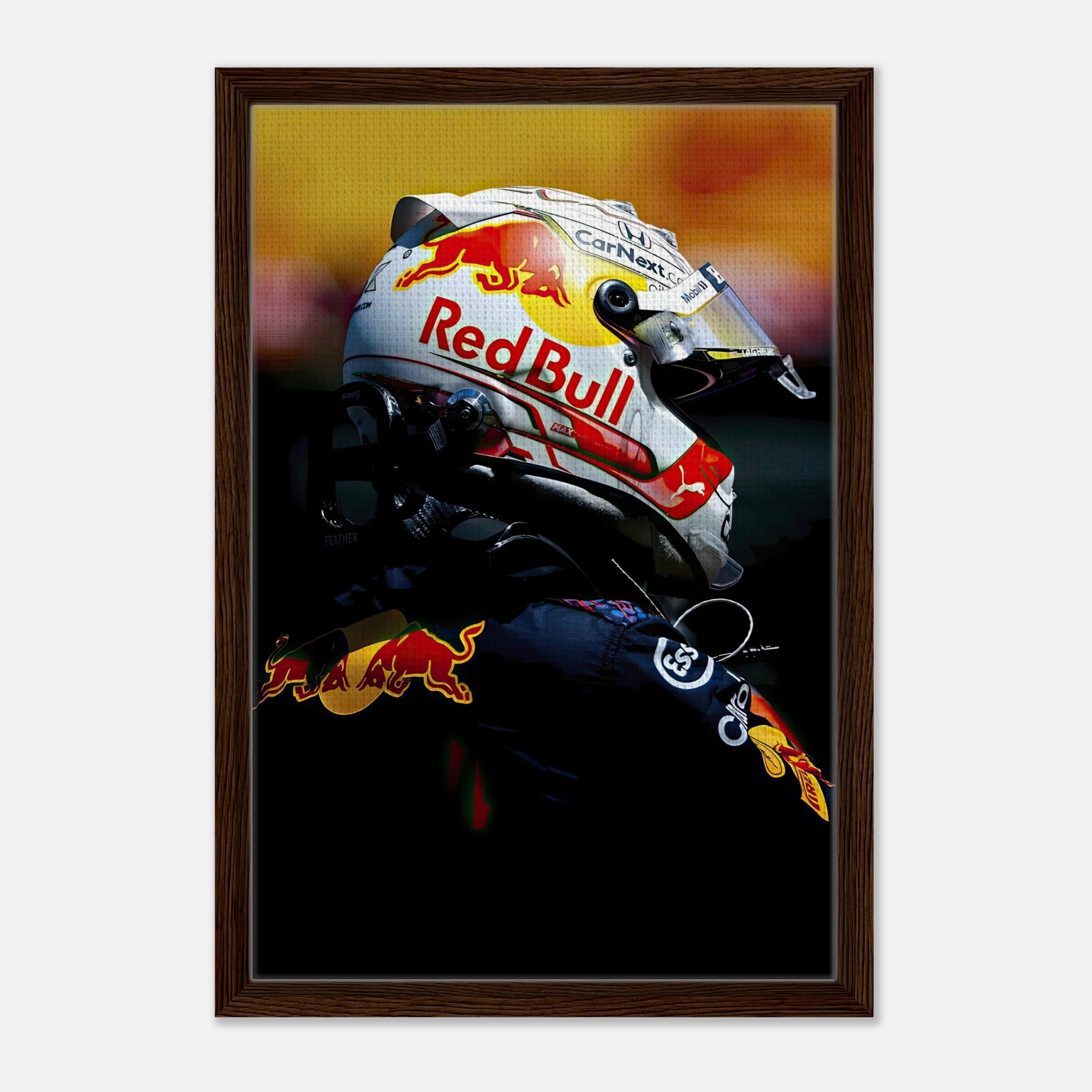 Framed canvas print of a Formula 1 driver wearing a Red Bull helmet, showcasing vibrant colors and fine details.