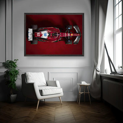 Ferrari F1 2025 fine art print displayed in a stylish living room, showcasing its vibrant red design and museum-quality framing.