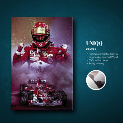 Michael Schumacher canvas artwork in Ferrari gear, showcasing speed and triumph for motorsport fans. High-quality, ready to hang.