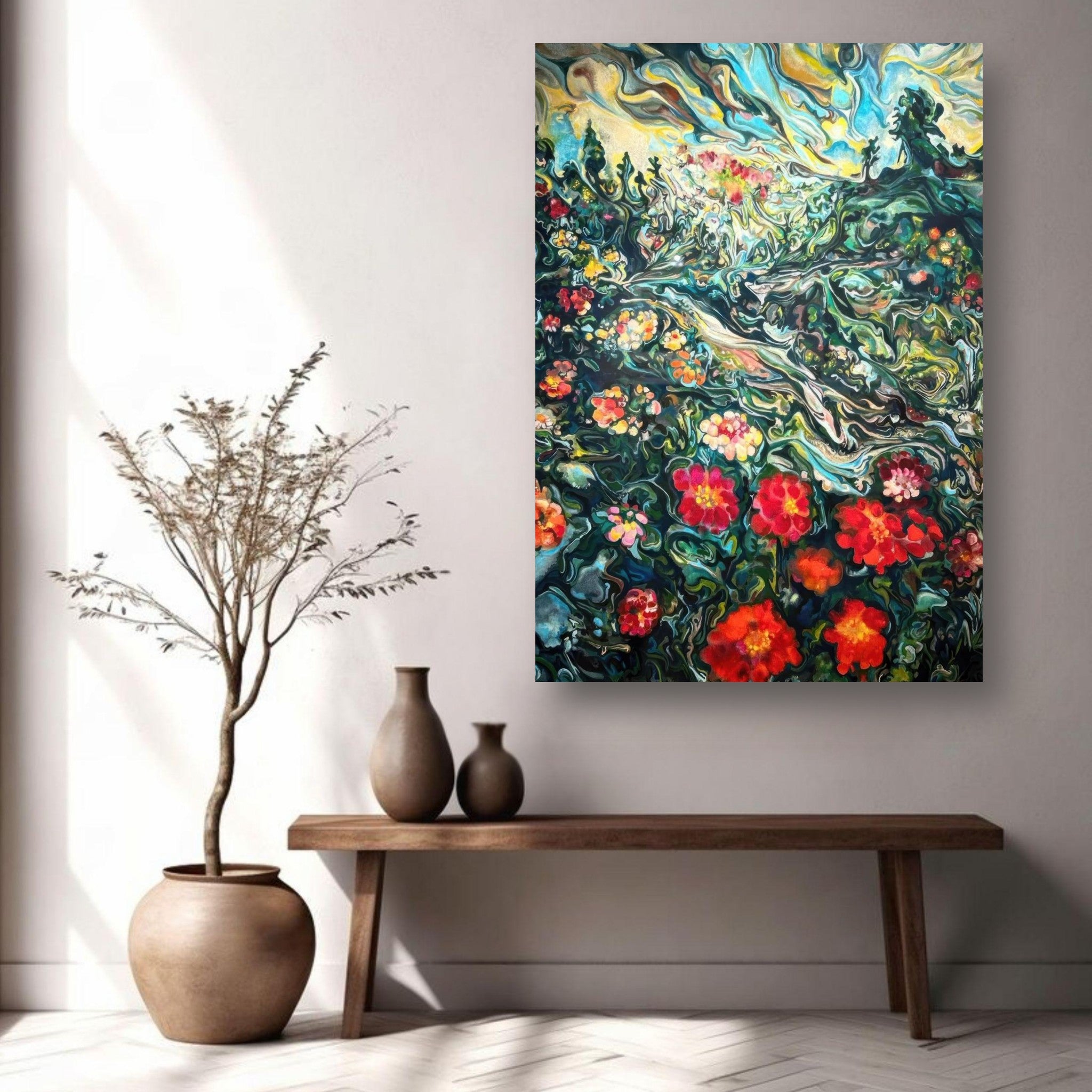 Abstract floral landscape metal print featuring vibrant red, orange, and pink flowers in lush green tones.