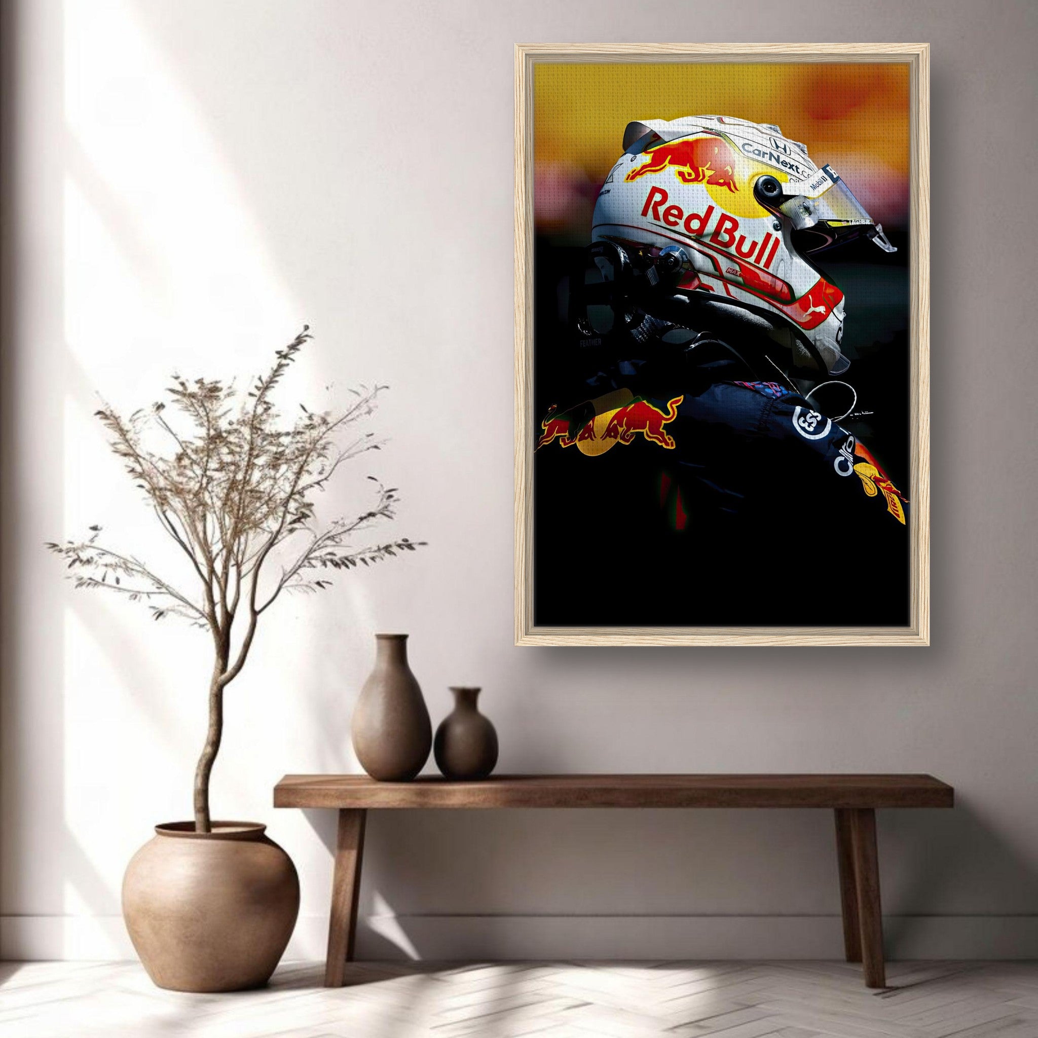 Framed canvas print of Max Verstappen in Red Bull racing helmet, adding elegance to any room's decor.