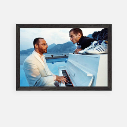 Jean Reno piano performance fine art print, capturing cinematic elegance by the pool with coastal backdrop.