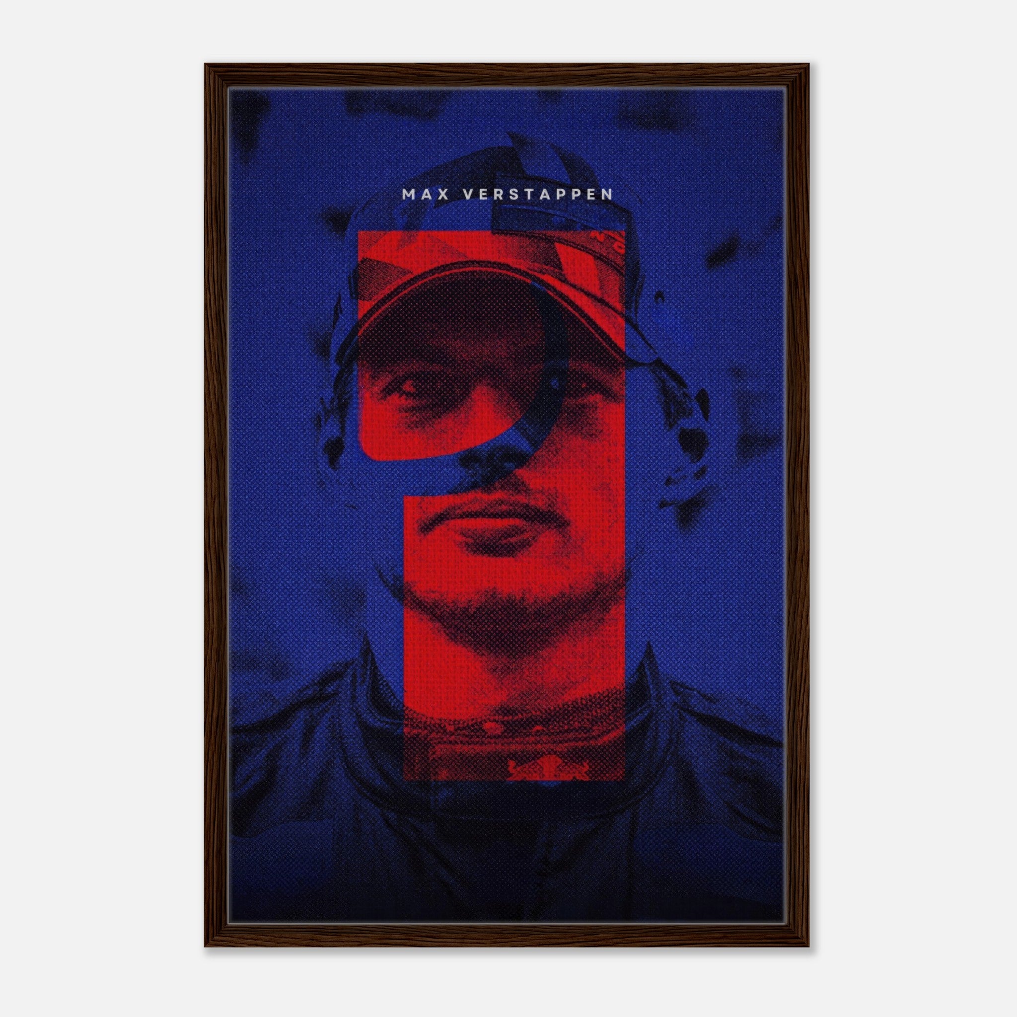 Max Verstappen framed canvas print featuring bold colors and dynamic F1 design, perfect for enhancing any space.