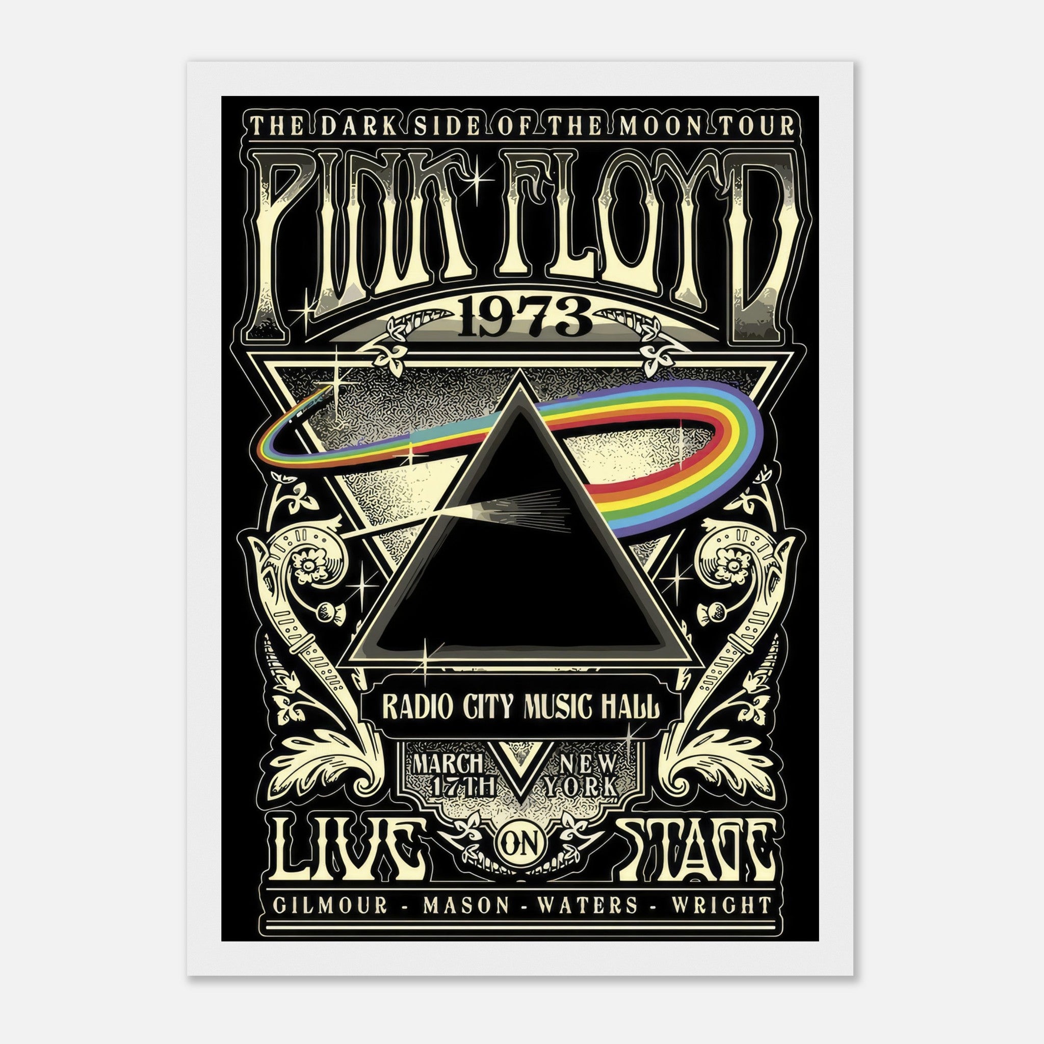 Pink Floyd 1973 Dark Side of the Moon tour poster print featuring iconic prism design and music hall details.