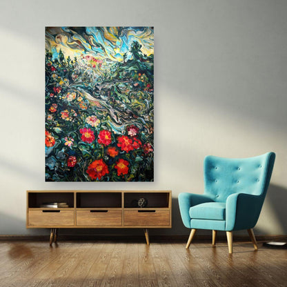 Abstract floral landscape painting on brushed metal, enhancing a modern living space with vibrant colors.