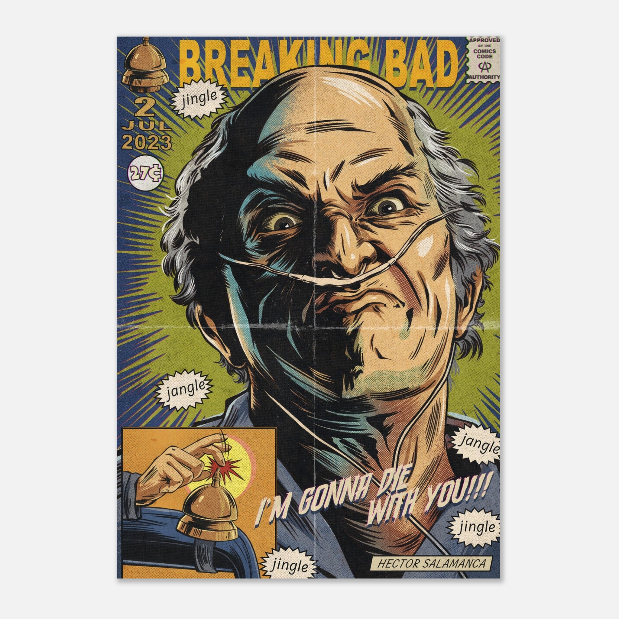 Vintage comic-style Hector Salamanca poster from Breaking Bad featuring bold colors and intense expression.