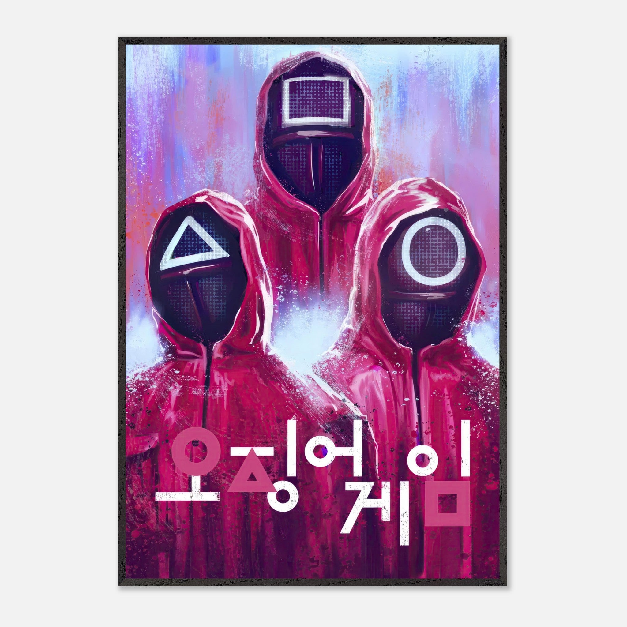 Squid Game fine art print featuring iconic guards in red uniforms and masks, showcasing dramatic colors and minimalist design.