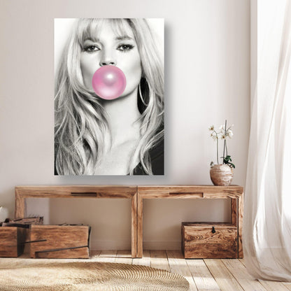 Kate Moss Pink Bubble Gum Poster in modern interior, showcasing elegance and playful artistry with a striking pink bubble.