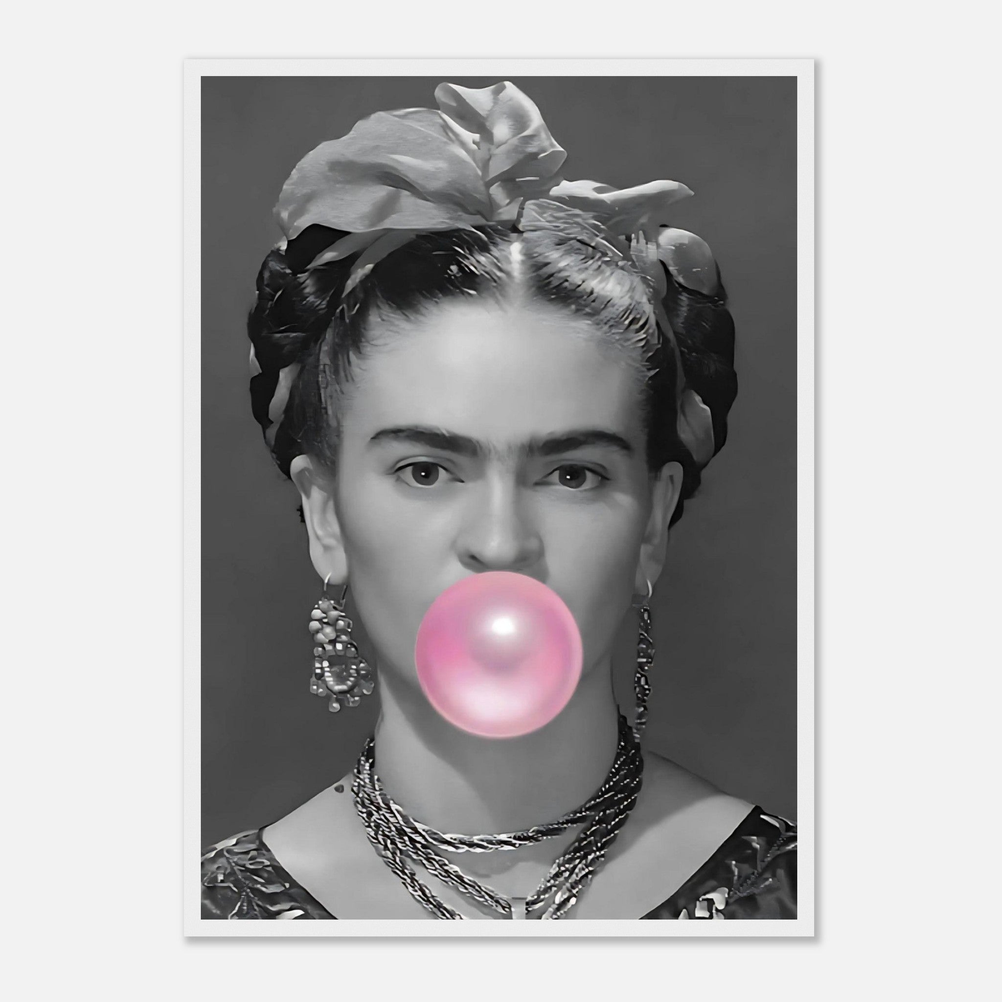 Frida Kahlo art print in black and white with a pink bubble gum bubble, framed decorative wall art.