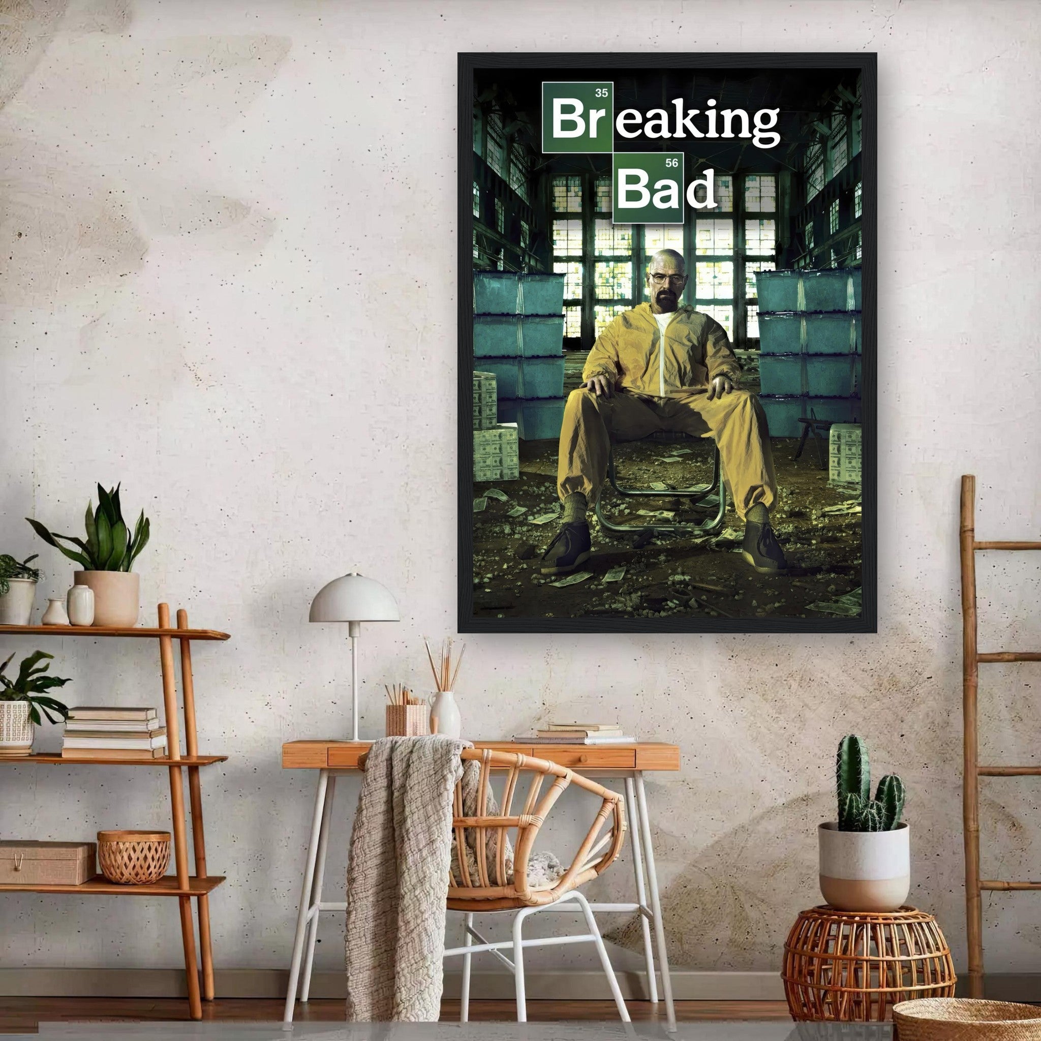 Walter White framed poster featuring iconic scene from Breaking Bad, perfect for fans and stylish home decor.