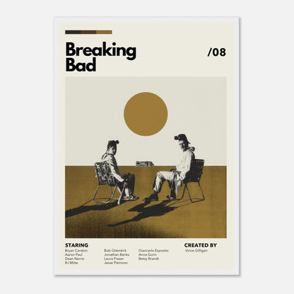 Vintage Breaking Bad framed print featuring Walter White and Jesse Pinkman against a bold sun motif in minimalist design.