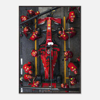 Iconic Ferrari Formula 1 pitstop captured in a vibrant fine art print, showcasing teamwork and precision of the pit crew.