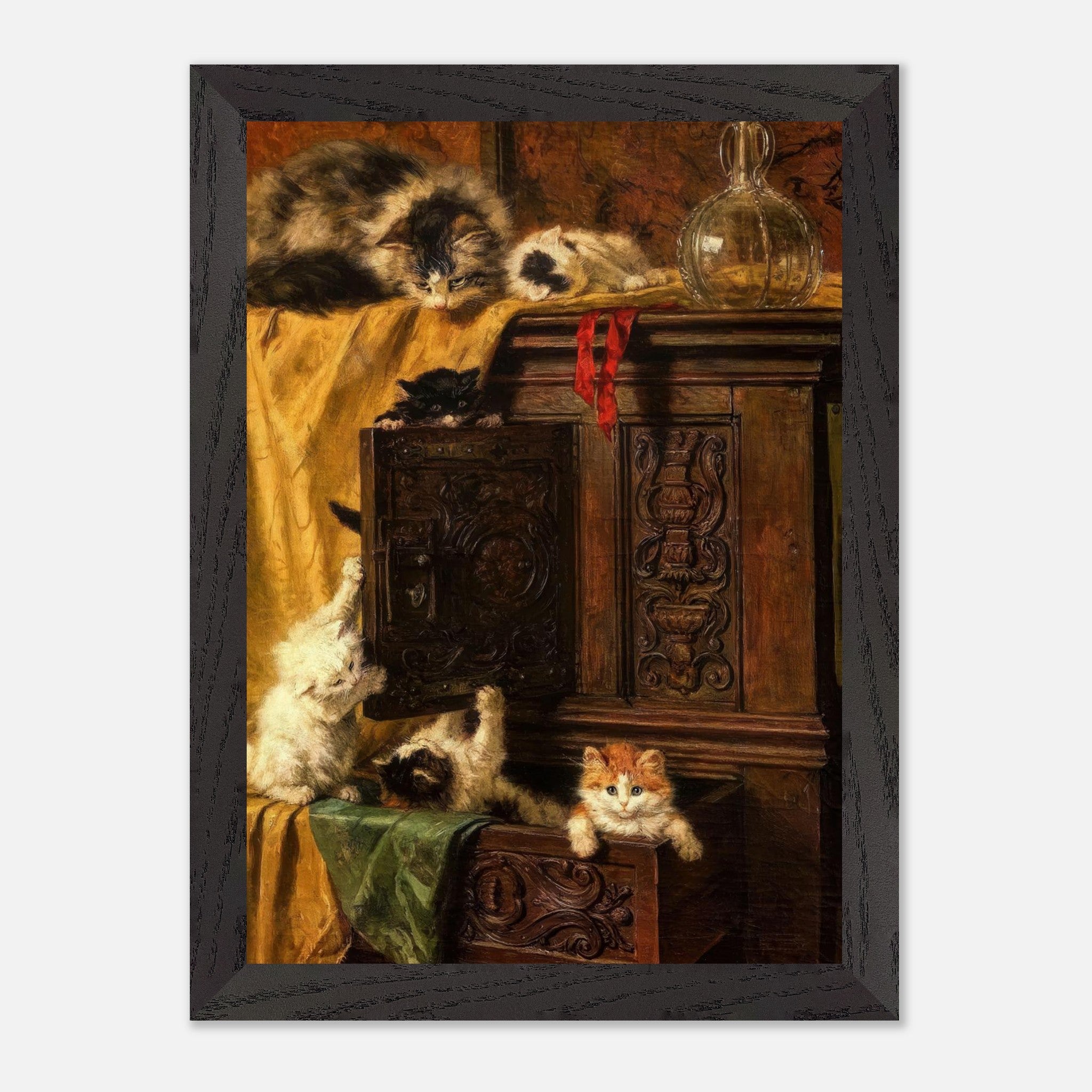 Vintage cat painting framed print with playful kittens on a wooden cabinet, adding charm to home decor.