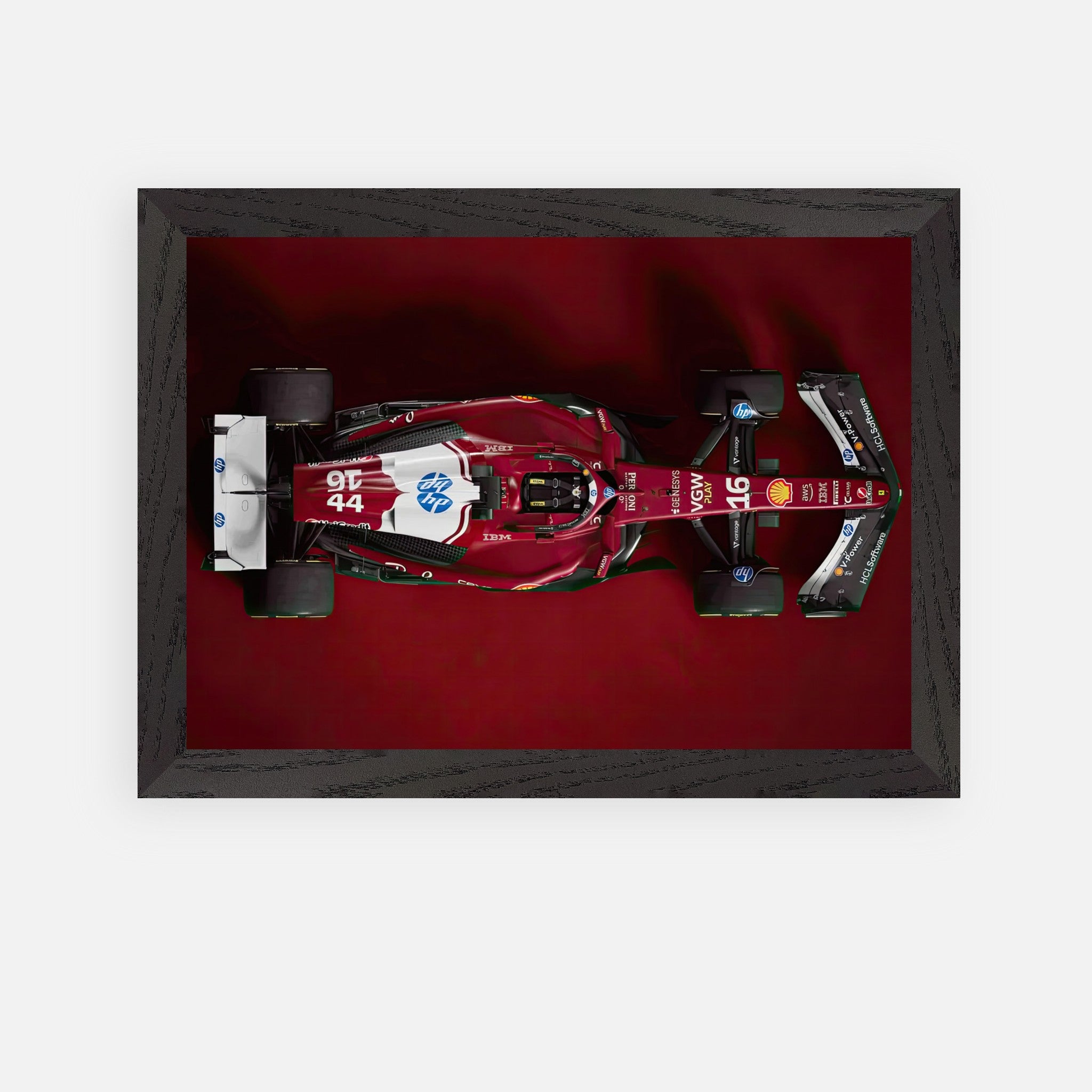 Ferrari F1 2025 Vintage Framed Art showcasing a sleek race car on a deep red background.