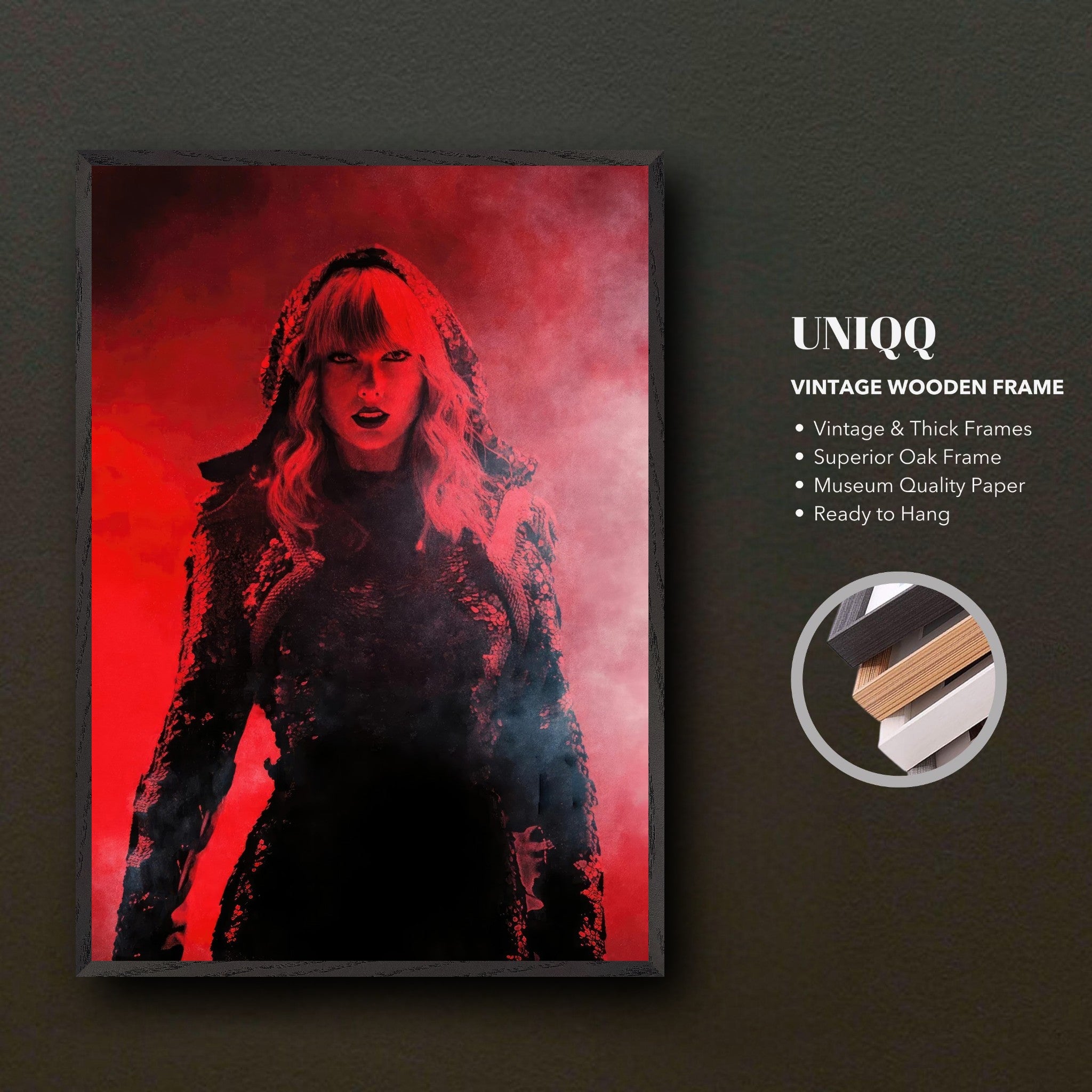 Taylor Swift vintage framed print in red tones, showcasing dramatic design and high-quality craftsmanship.