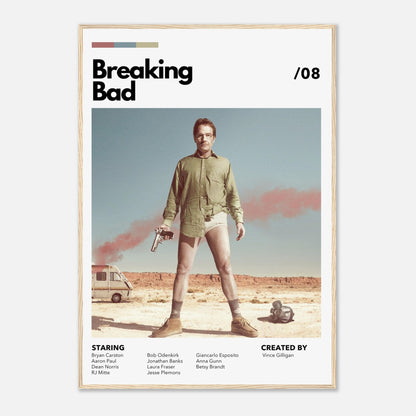 Retro Breaking Bad framed poster featuring Walter White in tighty-whities holding a revolver against a desert background.