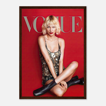 Taylor Swift Vogue framed poster featuring a stunning model in a sequined dress against a striking red backdrop.