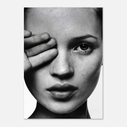 Kate Moss black and white photography poster featuring a close-up of her face with a hand over one eye.