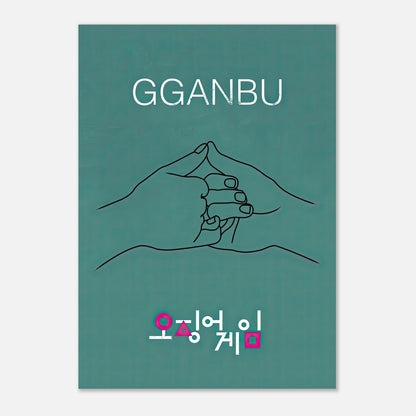 GGANBU Squid Game poster featuring minimalist handshake artwork on teal backdrop, symbolizing friendship and emotional connection.