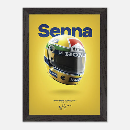 Vintage framed art of Ayrton Senna's iconic helmet on a yellow background, celebrating his racing legacy.