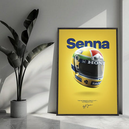 Vintage framed art of Ayrton Senna's iconic helmet against a vibrant yellow background, showcasing motorsport legacy.