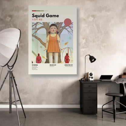 Vintage Squid Game metal poster featuring iconic doll design on wall above a modern desk and lamp.