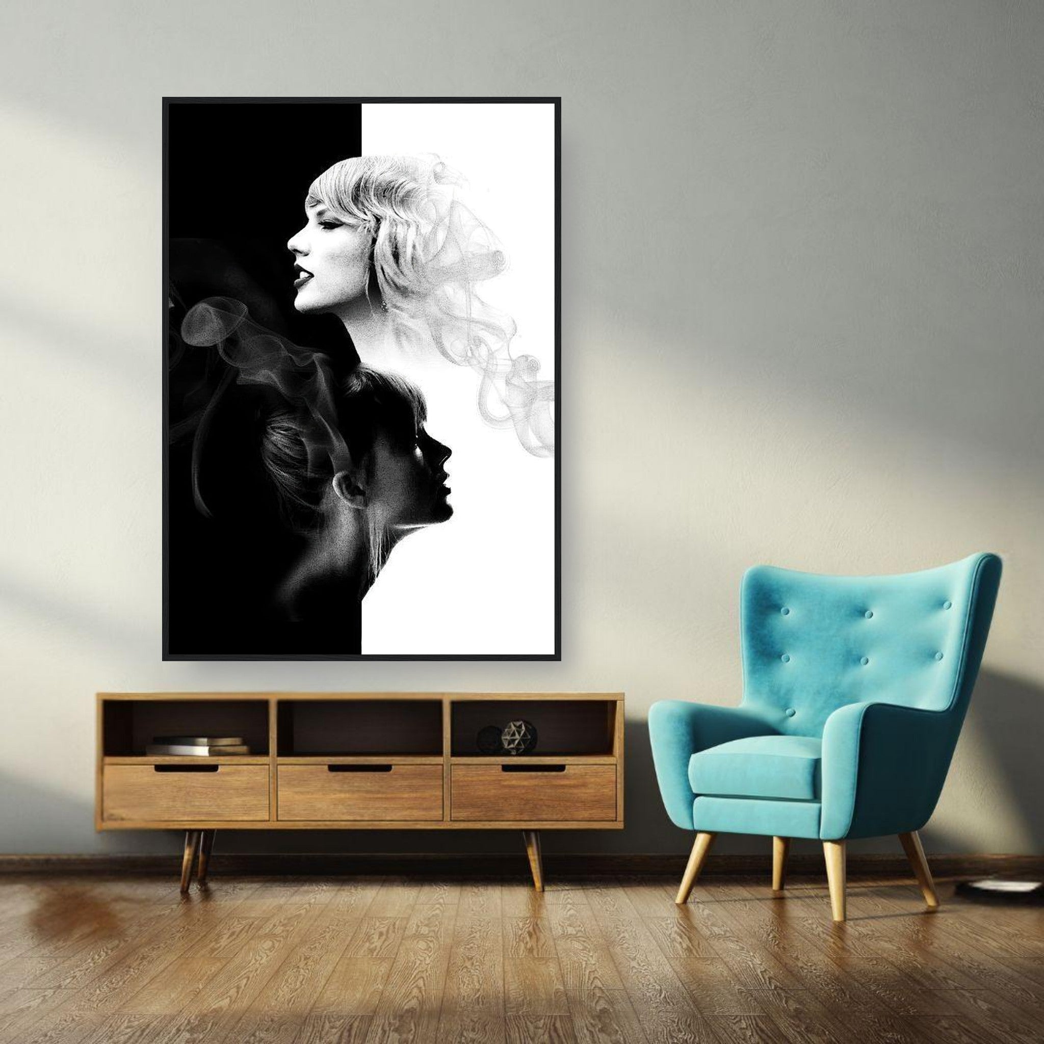 Taylor Swift black and white framed print showcasing dual portrait design in modern living room setting.