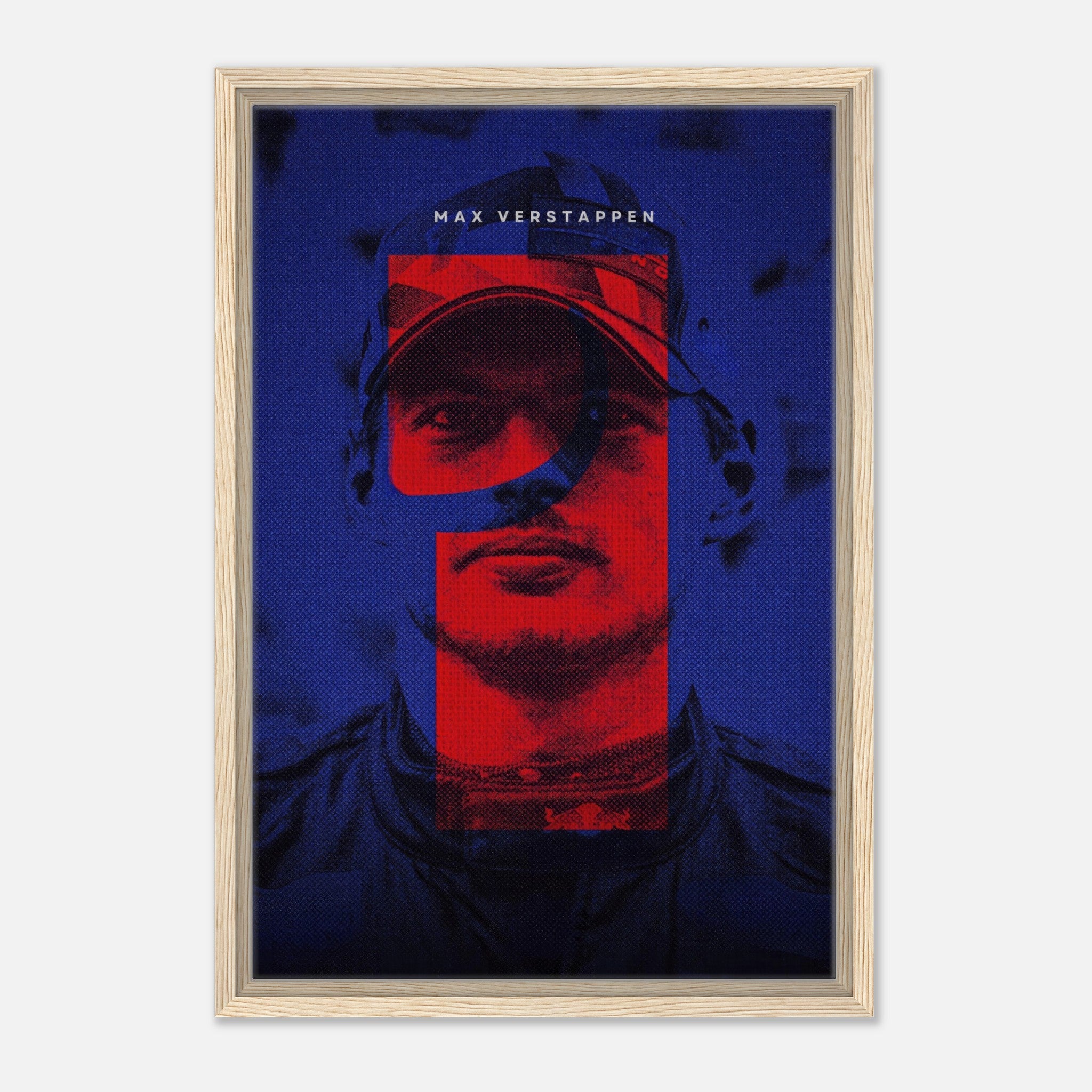 Max Verstappen framed canvas print showcasing dynamic F1 design with bold colors and detailed artwork.