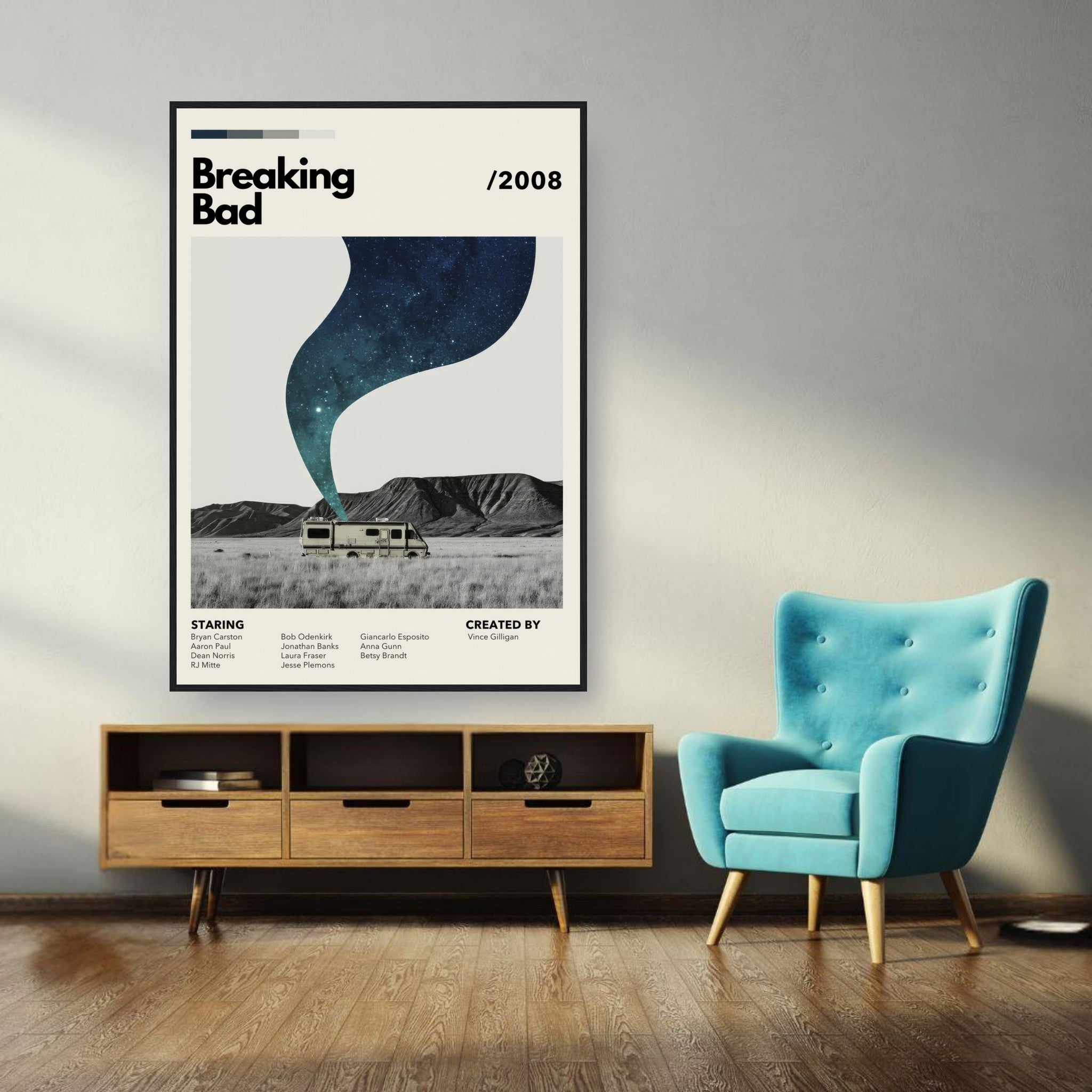 Breaking Bad RV framed print in modern living room with teal chair and wooden furniture, showcasing iconic desert landscape.