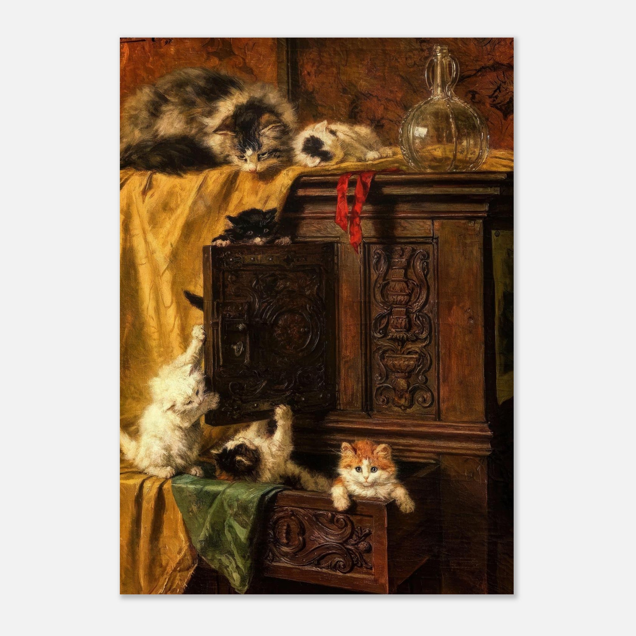 Vintage cat painting poster featuring playful kittens exploring a wooden cabinet, perfect for home decor.