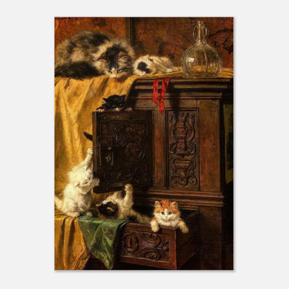 Vintage cat painting poster featuring playful kittens exploring a wooden cabinet, perfect for home decor.