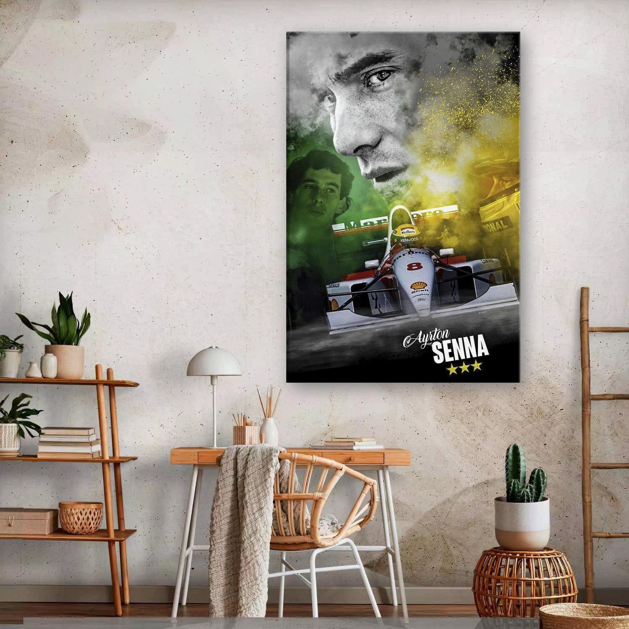 Ayrton Senna F1 McLaren canvas print featuring dynamic image and iconic racing gear in a modern room setting.