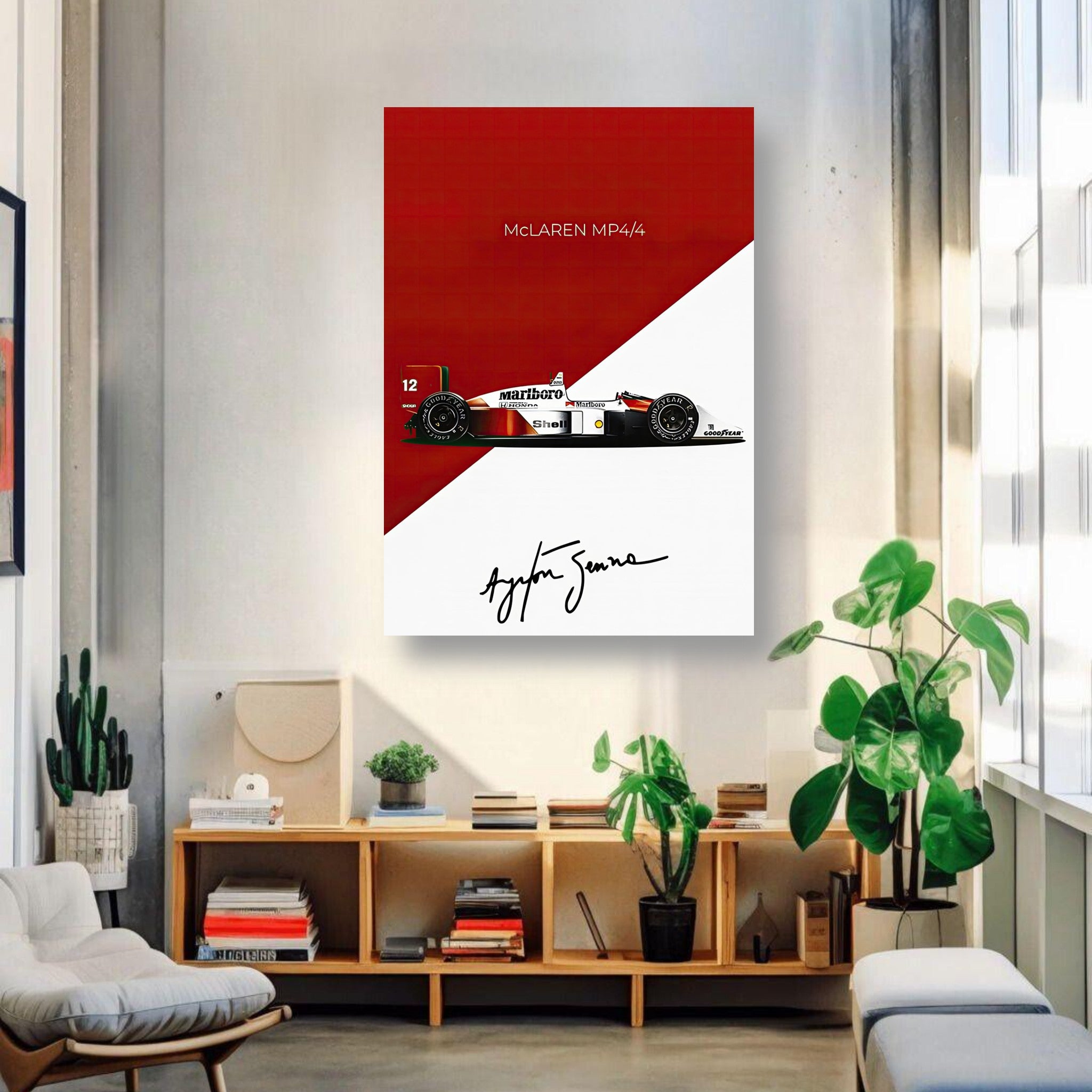 Ayrton Senna McLaren MP4/4 metal print displayed in modern living room, showcasing iconic Formula 1 design and signature.