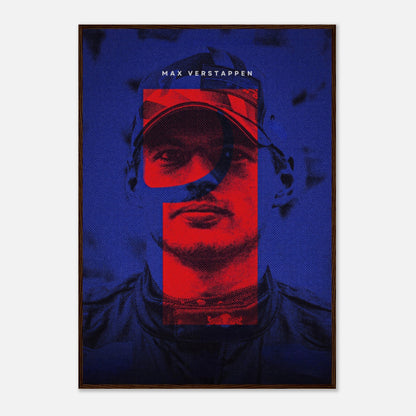 Max Verstappen framed print featuring bold colors and dynamic design, celebrating his Formula 1 championship spirit.