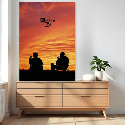 Breaking Bad poster featuring two silhouettes against a vibrant sunset, perfect for fans of the iconic TV series.