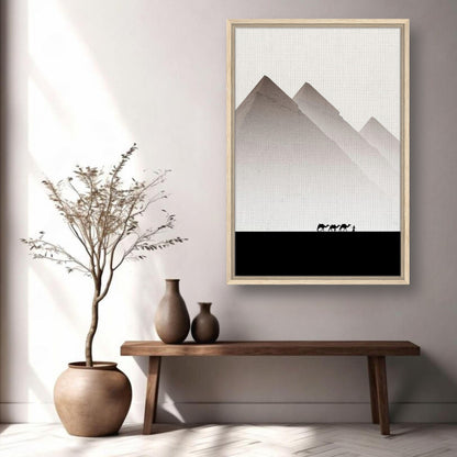 Pyramids of Giza framed canvas print in a modern living room setting with minimalist decor and earthy tones.