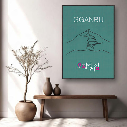 GGANBU Squid Game fine art print featuring two hands in a pinky promise against a teal background, showcasing friendship and loyalty.