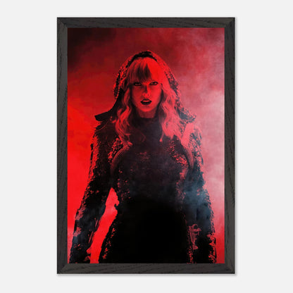 Taylor Swift vintage framed print showcasing her intense look in bold red colors, capturing the essence of her "Red" era.