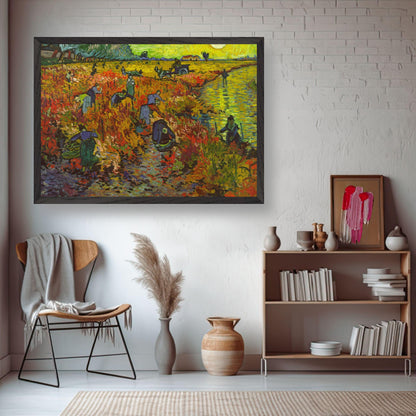 Museum-quality Giclée print of Van Gogh's The Red Vineyard in a stylish interior setting.